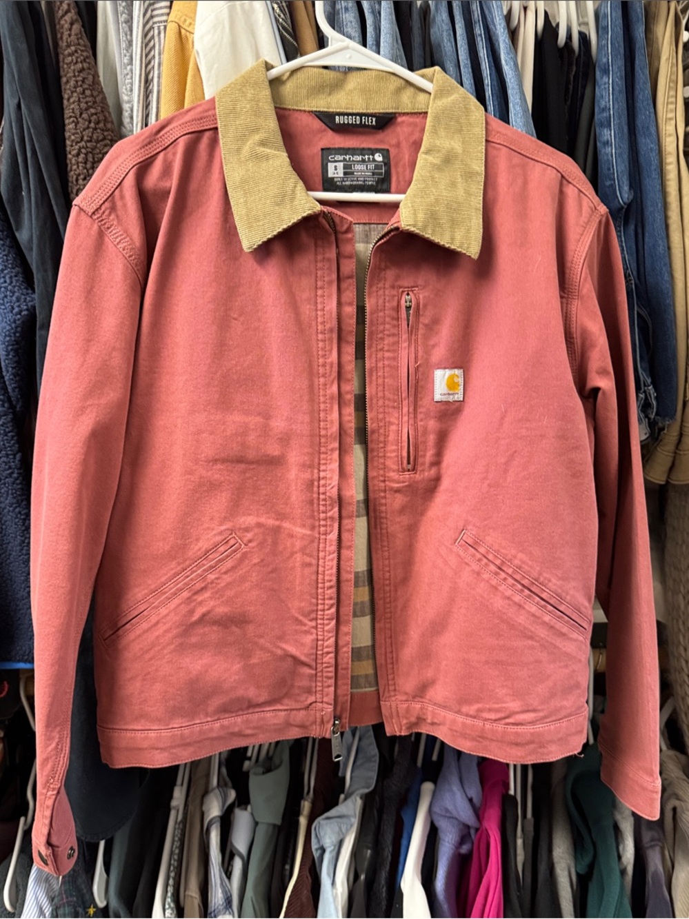 Carhartt Women’s Coral Red Jacket with Tan Corduroy Collar